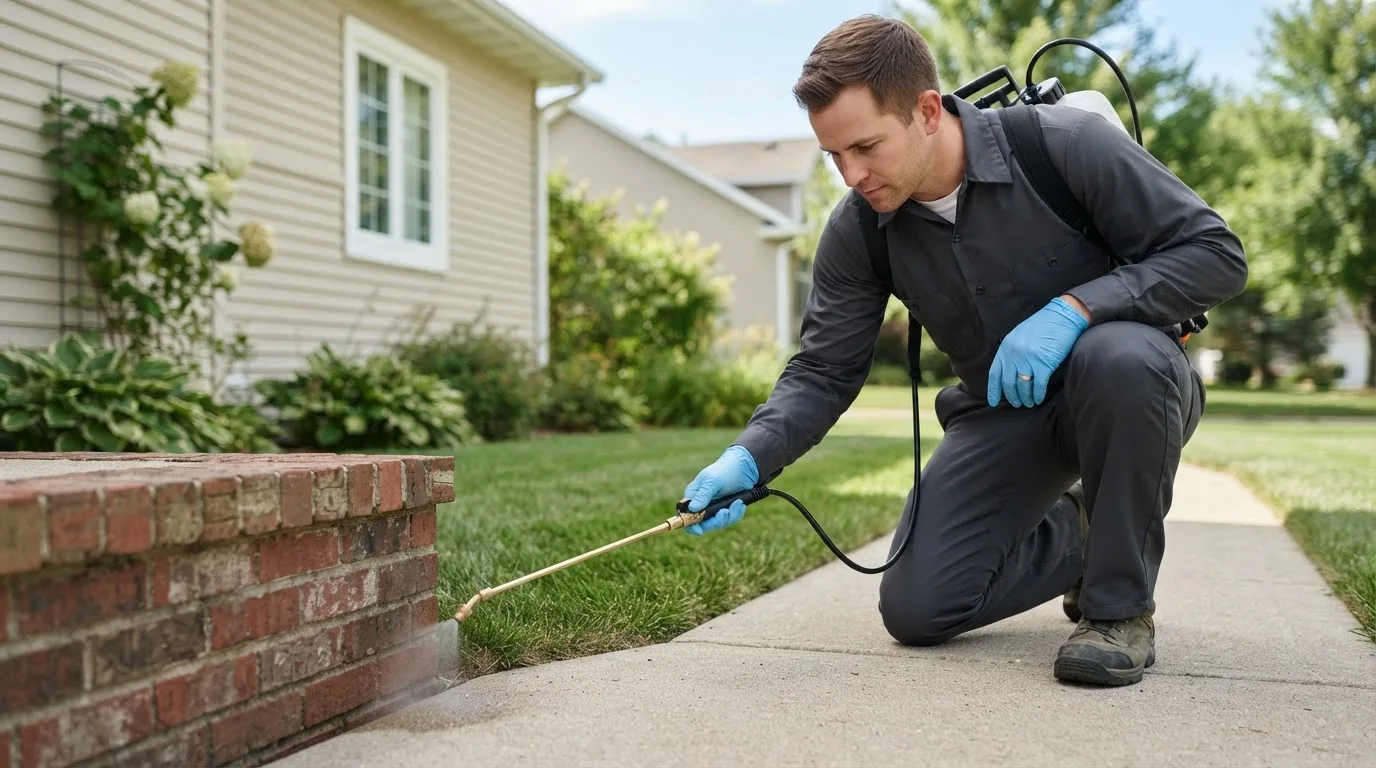 Pest control technician treating a home near Kirkville, IA