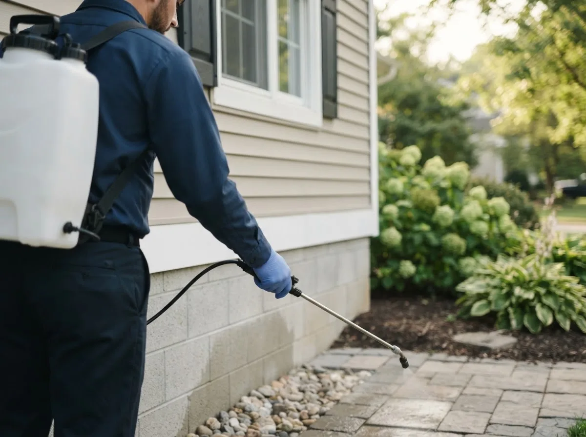 Pest control technician inspecting a home in Kirkville, IA